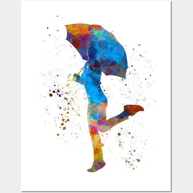 happy woman holding umbrella silhouette in watercolor Wall Art by PaulrommerArt